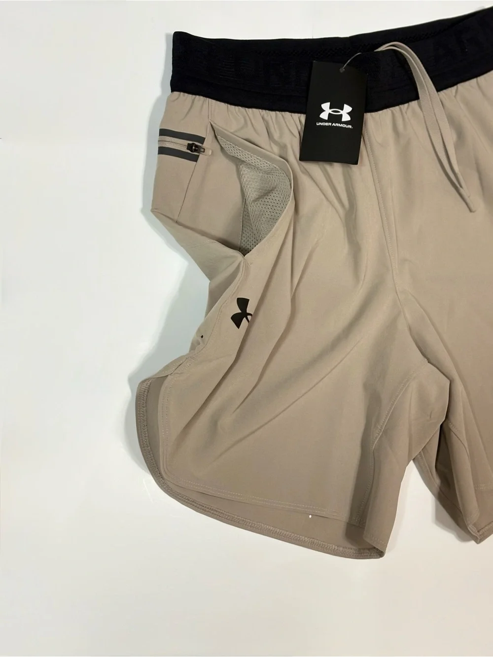 Under Armour Men's Sandstone Athletic Shorts with Black Waistband
